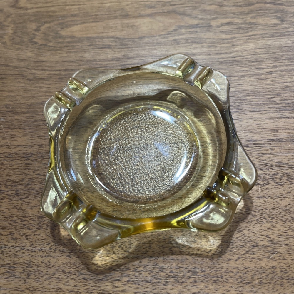 Vintage Glass Ashtray Yellow Glass Square Curved Sides Pebble Base 4" x 4"
